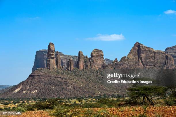 Koraro pinnacles in the Gheralta Mountain massif, home to the rock-hewn church Abuna Yemata Guh, near Hazwien, Tigray, Ethiopia.