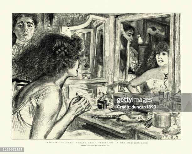 actress sarah bernhardt putting on make up in her dressing-room - dressing room stock illustrations