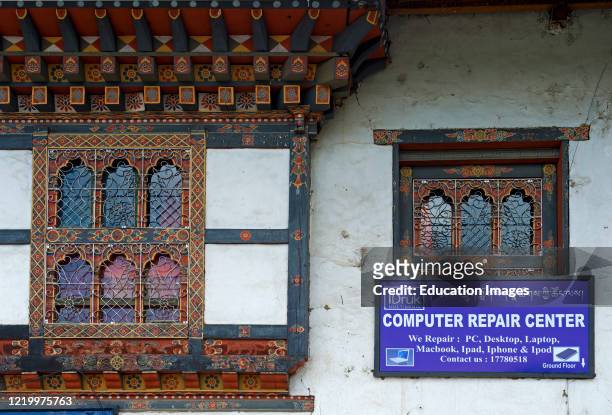 Computer repair center in a building of typical Bhutanese style, Thimphu, Bhutan.