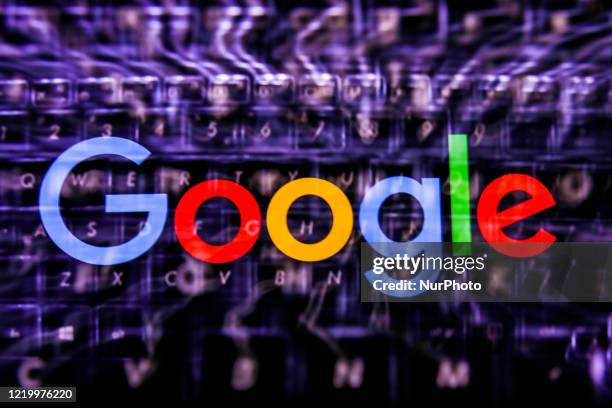 Google logo displayed on a phone screen and keyboard are seen in this multiple exposure illustration photo taken in Poland on June 14, 2020. European...