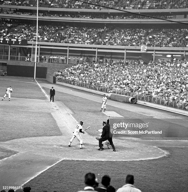 American baseball player Willie Mays of the San Francisco Giants baseball team, takes a strike at home plate, during a game against the New York Mets...
