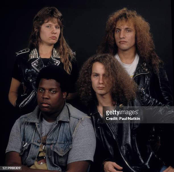 Portrait of the members of American Heavy Metal band Znowhite in a photo studio, Chicago, Illinois, September 18, 1987. Pictured are, clockwise from...