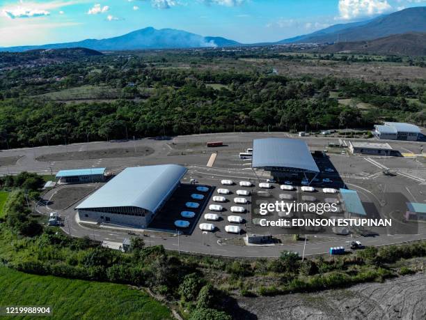 Aerial view of the Tienditas International Bridge in Cucuta, Colombia, on the border with Venezuela, where tents have been set up for Venezuelans who...