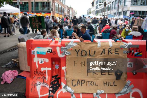 An entrance to the âCapitol Hill Organized Protestâ formerly known as the âCapitol Hill Autonomous Zoneâ in Seattle, Washington on June 14, 2020. The...