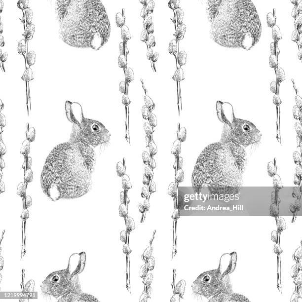 pussy willow and bunny watercolor and ink vector seamless pattern - easter seamless pattern stock illustrations
