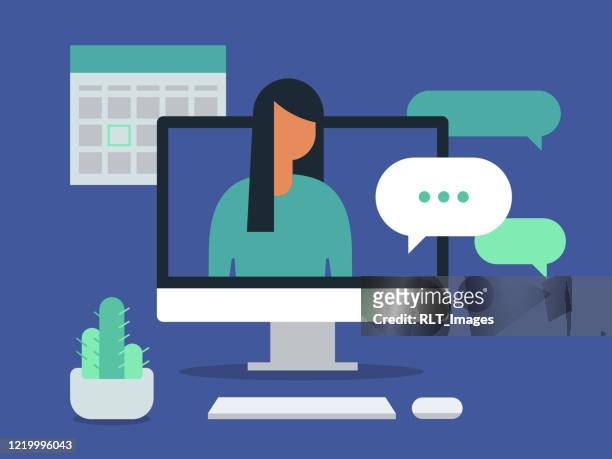 illustration of workspace with young woman having discussion on desktop computer screen - flat design stock illustrations
