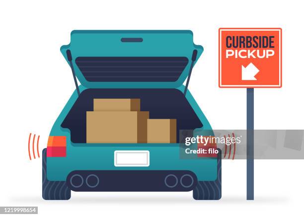 curbside pickup keine kontaktlieferung von merchandise vehicle trunk oder hatch - rinnsteinkante stock-grafiken, -clipart, -cartoons und -symbole