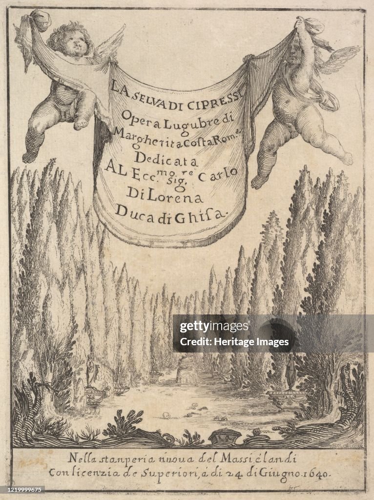 Frontispiece For The Cypress Forest (La Selva Di Cipressi): Two Putti Hold A Tapestry In