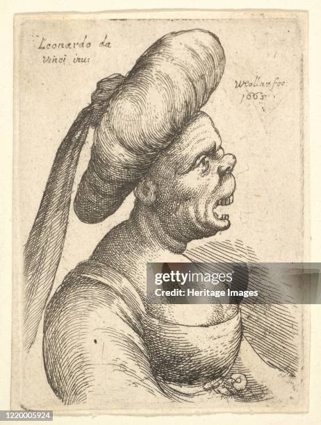 Bust of woman with wide open mouth and up-turned nose, wearing large flat turban with cloth hanging down behind in profile to right, 1665. Artist...