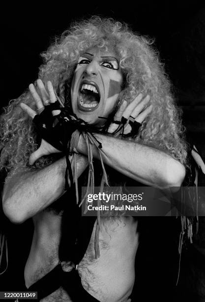 Portrait of American Heavy Metal singer Dee Snider, of the group Twisted Sister, as he poses backstage at the Rosemont Horizon, Rosemont, Illinois,...