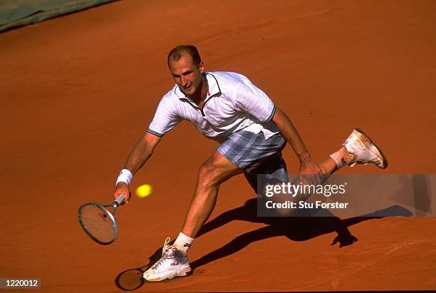 Andrei Medvedev of the Ukraine in action during the 1999 French Open Final match against Andre Agassi of the United States played at Roland Garros in...