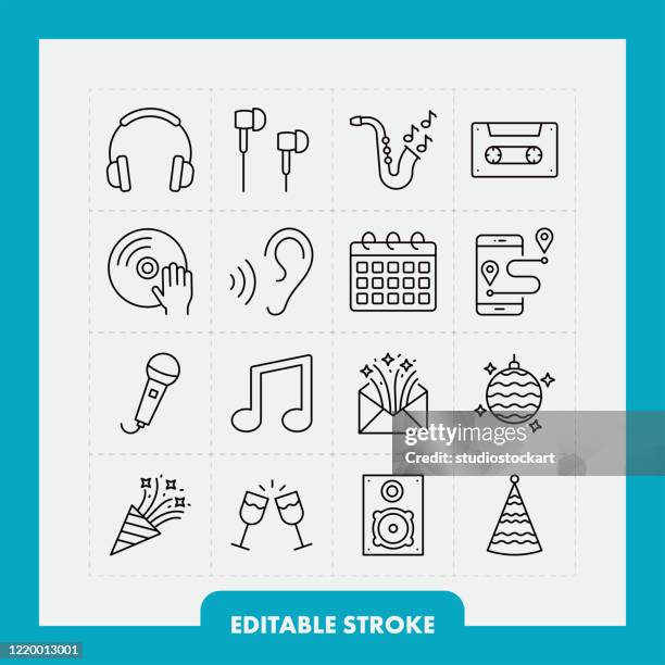 ilustraciones, imágenes clip art, dibujos animados e iconos de stock de conjunto de iconos de música y línea de fiesta. trazo editable - mp3 player