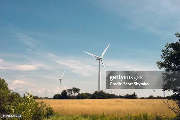 a wind turbine farm in a rural field - ontario canada stock pictures, royalty-free photos & images