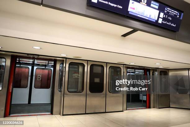 The doors open on a tram between terminals at Hartsfield-Jackson Atlanta International Airport on April 20, 2020 in Atlanta, Georgia. The airline...