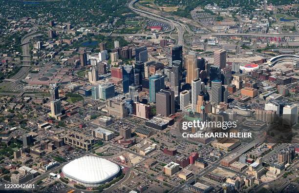 An image of Minneapolis, Minnesota as seen from a commercial airliner on May 28, 2009 after departing the St Paul/Minneapolis International Airport....