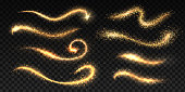 1808.m10.i312.n005.P.c25.414148510 Golden star trail. Magic gold stardust with glitter effect. Meteor or firework shine lines. Vector isolated set
