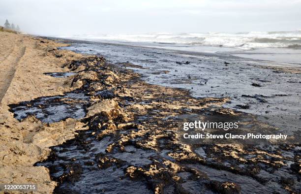 oil spill on the beach - ölpest stock-fotos und bilder