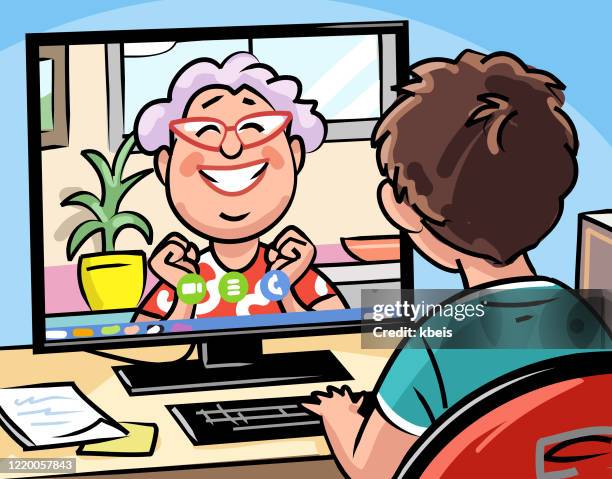 ilustrações de stock, clip art, desenhos animados e ícones de boy having a video call with his grandmother - children indoor