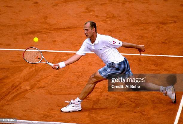Andrei Medvedev of the Ukraine in action during the 1999 French Open Final match against Andre Agassi of the United States played at Roland Garros in...