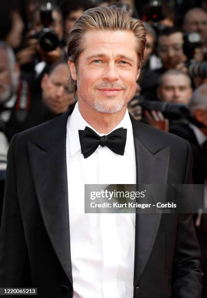 Brad Pitt attends the premiere of 'Once Upon A Time In Hollywood' during the 72nd Cannes Film Festival at the Palais des Festivals on May 21, 2019 in...