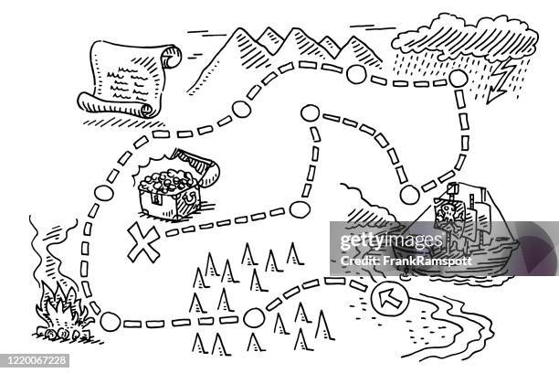 stockillustraties, clipart, cartoons en iconen met treasure map pirate ship tekening - weather map