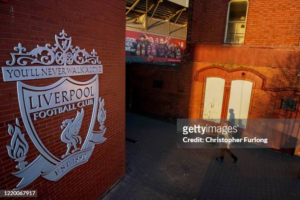 Anfield Stadium, the home Liverpool Football Club during the coronavirus pandemic lockdown at Anfield on April 20, 2020 in Liverpool, England. Amid...