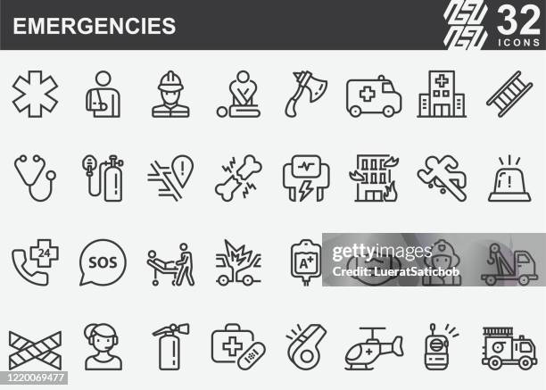ilustrações de stock, clip art, desenhos animados e ícones de emergencies line icons - bombeiro
