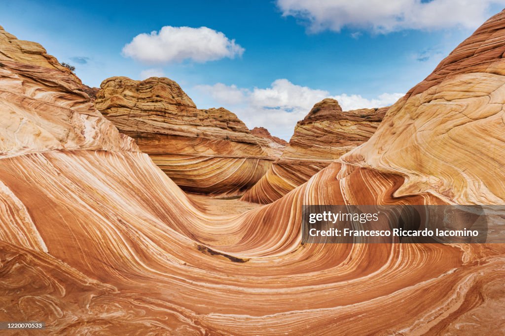 The Wave rock formation, panorama in Coyote Buttes north, Vermillion Cliffs, Arizona.