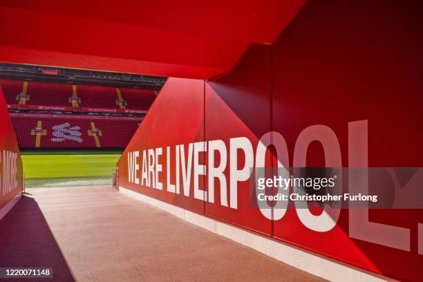 The players tunnel at Anfield Stadium, the home Liverpool Football Club during the coronavirus pandemic lockdown at Anfield on April 20, 2020 in...