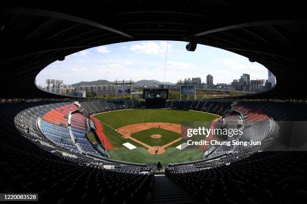 General view of LG Twins and Doosan Bears preseason game at Jamsil Baseball Stadium on April 21, 2020 in Seoul, South Korea. The Korea Baseball...