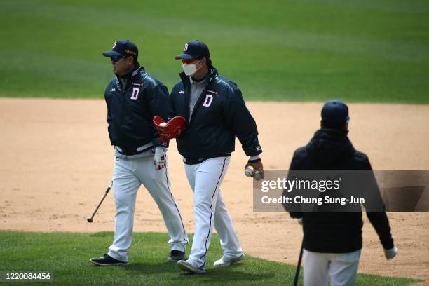 Doosan bears team players practice ahead of the preseason game between LG Twins and Doosan Bears at Jamsil Baseball Stadium on April 21, 2020 in...