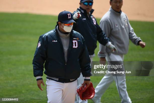 Doosan bears team players practice ahead of the preseason game between LG Twins and Doosan Bears at Jamsil Baseball Stadium on April 21, 2020 in...