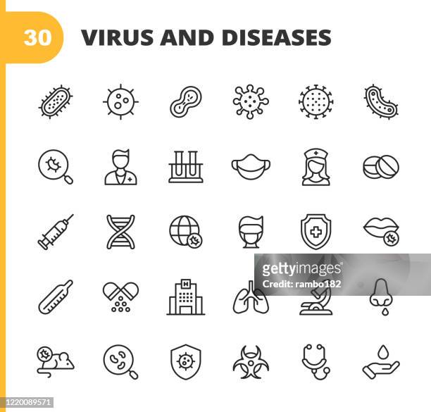 virus and disease line icons. editable stroke. pixel perfect. for mobile and web. contains such icons as bacterium, infection, disease, virus, cell, flu, research, pandemia, mouth, coronavirus, quarantine, hospital, face mask, lung. - infectious disease stock illustrations