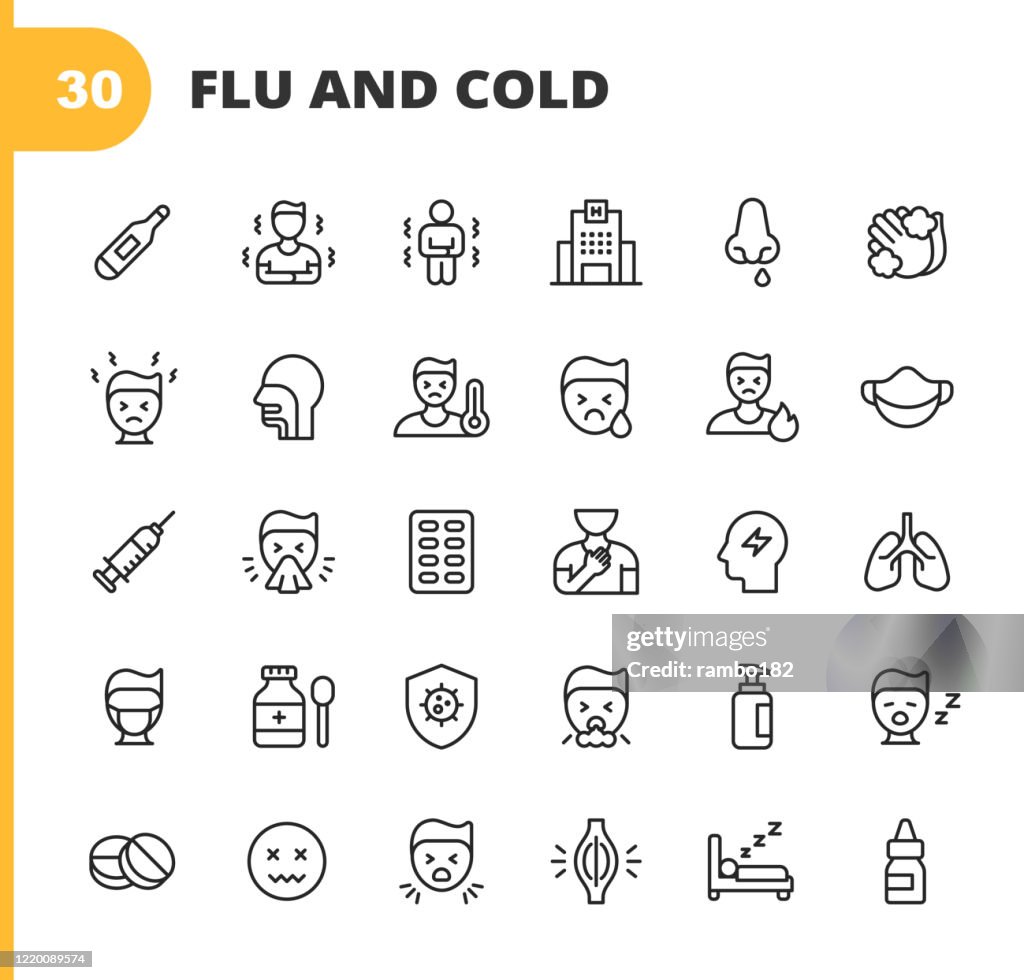 Grippe und Cold Line Icons. Bearbeitbarer Strich. Pixel perfekt. Für Mobile und Web. Enthält solche Symbole wie Grippe, Coronavirus, Virus, Blasen Nase, Husten, Fieber, Niesen, Hände waschen, Thermometer, Medizin, Krankenhaus, Arzt, Impfstoff, Pillen, M