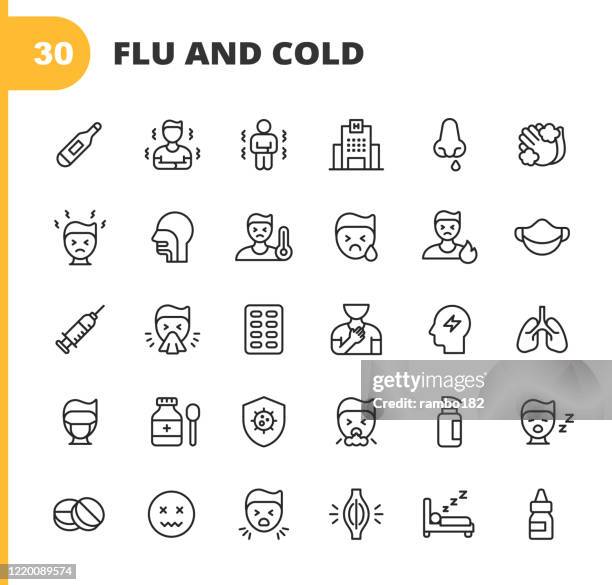 stockillustraties, clipart, cartoons en iconen met griep en koude lijn pictogrammen. bewerkbare slag. pixel perfect. voor mobiel en web. bevat pictogrammen zoals griep, coronavirus, virus, blazen neus, hoesten, koorts, niezen, handen wassen, thermometer, geneeskunde, ziekenhuis, arts, vaccin, pillen, spier - fever