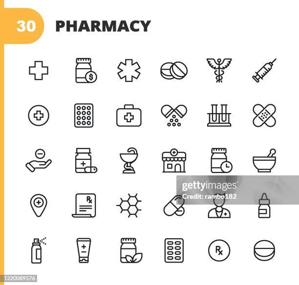 stockillustraties, clipart, cartoons en iconen met farmacie lijn iconen. bewerkbare slag. pixel perfect. voor mobiel en web. bevat pictogrammen zoals apotheek, pil, capsule, vaccinatie, drogisterij, pijnstiller, recept, spuit, arts, ziekenhuis, virus, arts, verpleegkundige, spray, ziekenhuis, pijnbestrijdi - apotheek