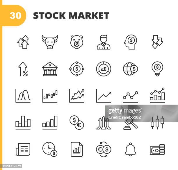 ilustrações de stock, clip art, desenhos animados e ícones de stock market line icons. editable stroke. pixel perfect. for mobile and web. contains such icons as stock market, currency exchange, cryptocurrency, savings, investment, bull market, bear market, data, graph, technical analysis, growth, recession. - taxa de câmbio