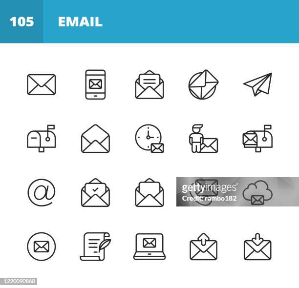 e-mail- und messaging-zeilensymbole. bearbeitbarer strich. pixel perfekt. für mobile und web. enthält symbole wie e-mail, messaging, text messaging, kommunikation, einladung, sprechblase, online-chat, office, social media, remote arbeit, arbeit von zu ha - message stock-grafiken, -clipart, -cartoons und -symbole