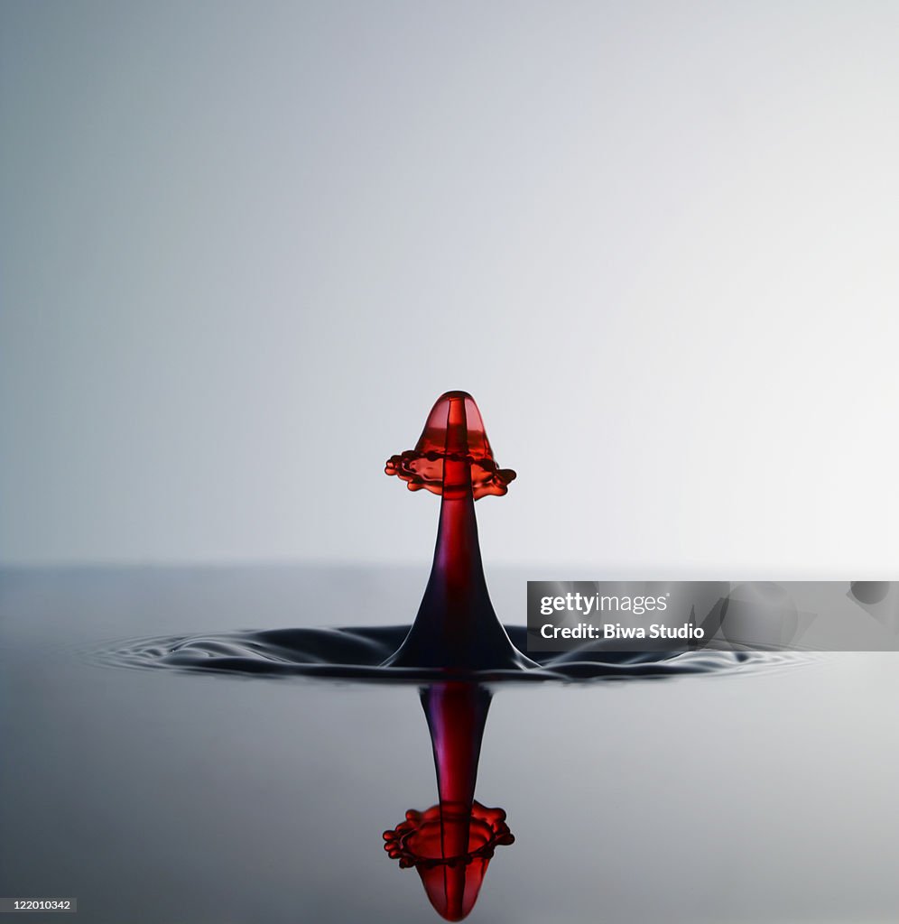 Drop of red ink falling into water, making ripple