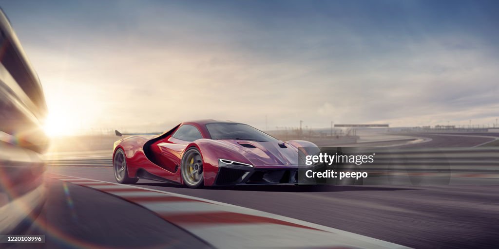Generisches Red Sports Car Moving At High Speed On Racetrack