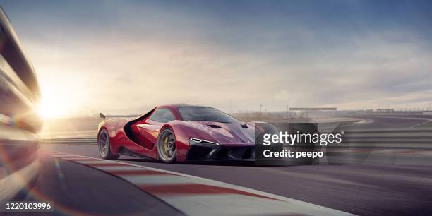 generisches red sports car moving at high speed on racetrack - car racing stock-fotos und bilder