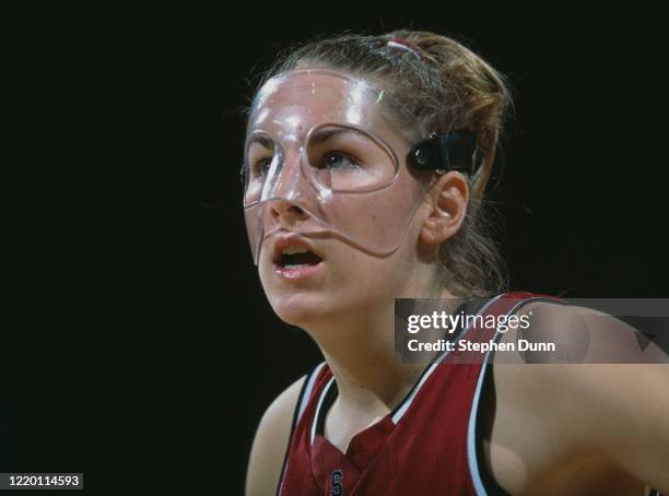 Lauren St. Clair, Guard Forward for the University of Stanford Cardinal wears a protective face guard during the NCAA Pac-10 Conference college...