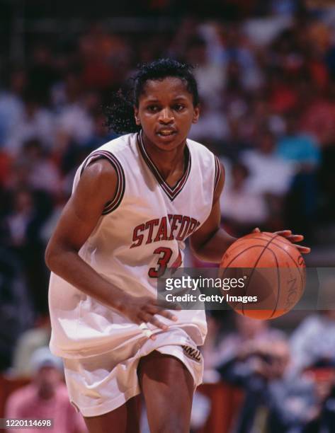 Sonja Henning, Guard for the University of Stanford Cardinal dribbles with the ball during the 1989/1990 NCAA Pac-10 Conference women's college...