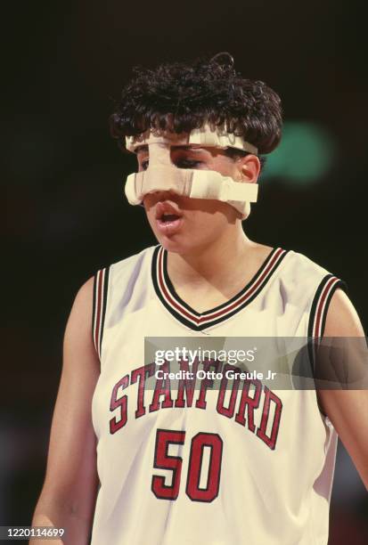 Rachel Hemmer, Forward for the University of Stanford Cardinal wears a face guard protector during the NCAA Cardinal Classic tournament college...