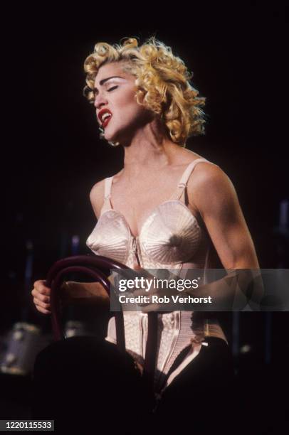 Madonna performs on stage at Feyenoord Stadium, Kuip, Rotterdam, Netherlands on the Blond Ambition World Tour, 24th July 1990.