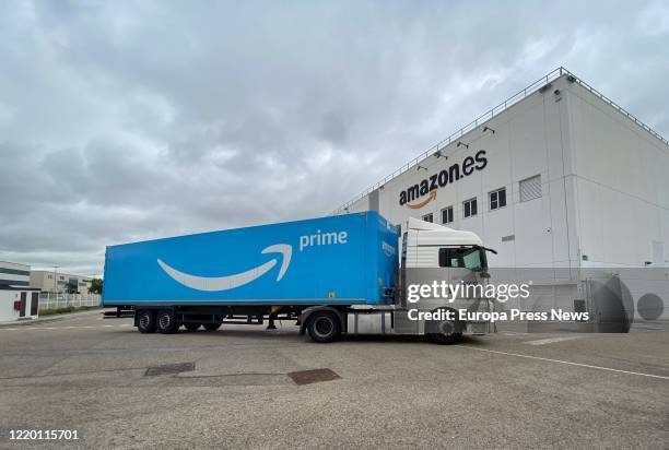 Truck is seen arriving to Amazon Spain Fulfillment at the town of San Sebastian de los Reyes, the logistics subsidiary of the e-commerce giant in...