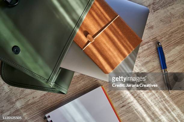office supplies - leather notebook stock pictures, royalty-free photos & images