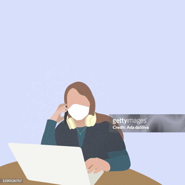 business women wearing face mask and working at home. - mid adult women stock illustrations