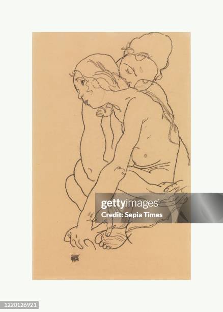 Two Women Embracing. 1918. Charcoal on paper. 18 1/4 x 11 3/4 in. . Drawings. Egon Schiele .