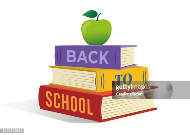 back to school banner design with stack of book and apple on top. - stack of books stock illustrations